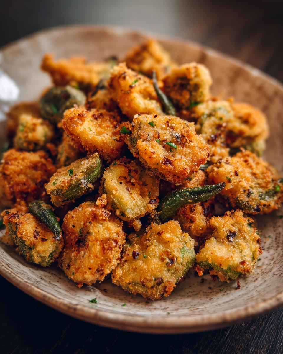 A plate of golden Crispy Southern Fried Okra, showcasing its crunchy texture and appetizing appearance.