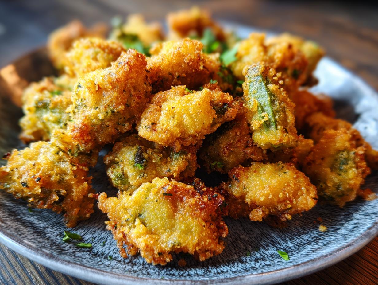 A plate of golden brown, crispy Southern Fried Okra, garnished with parsley.