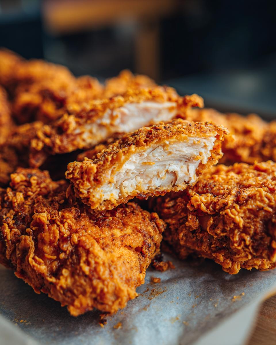 Close-up of golden-brown, crispy Star Chicken pieces, one cut open to show the juicy interior.