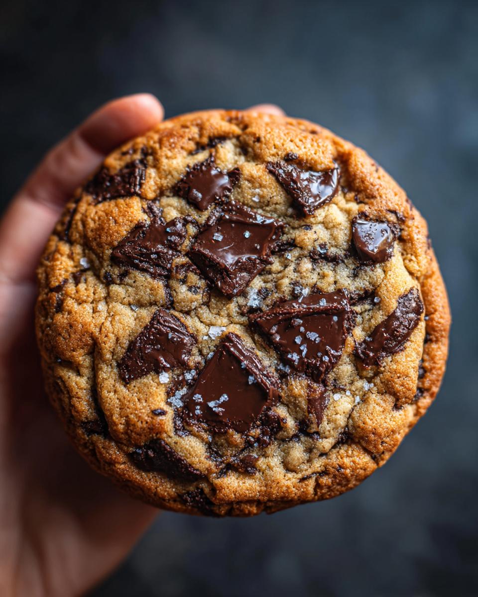 A delicious Crumbl Chocolate Chip Cookie held in someone's hand, showing chocolate chunks and flaky sea salt.