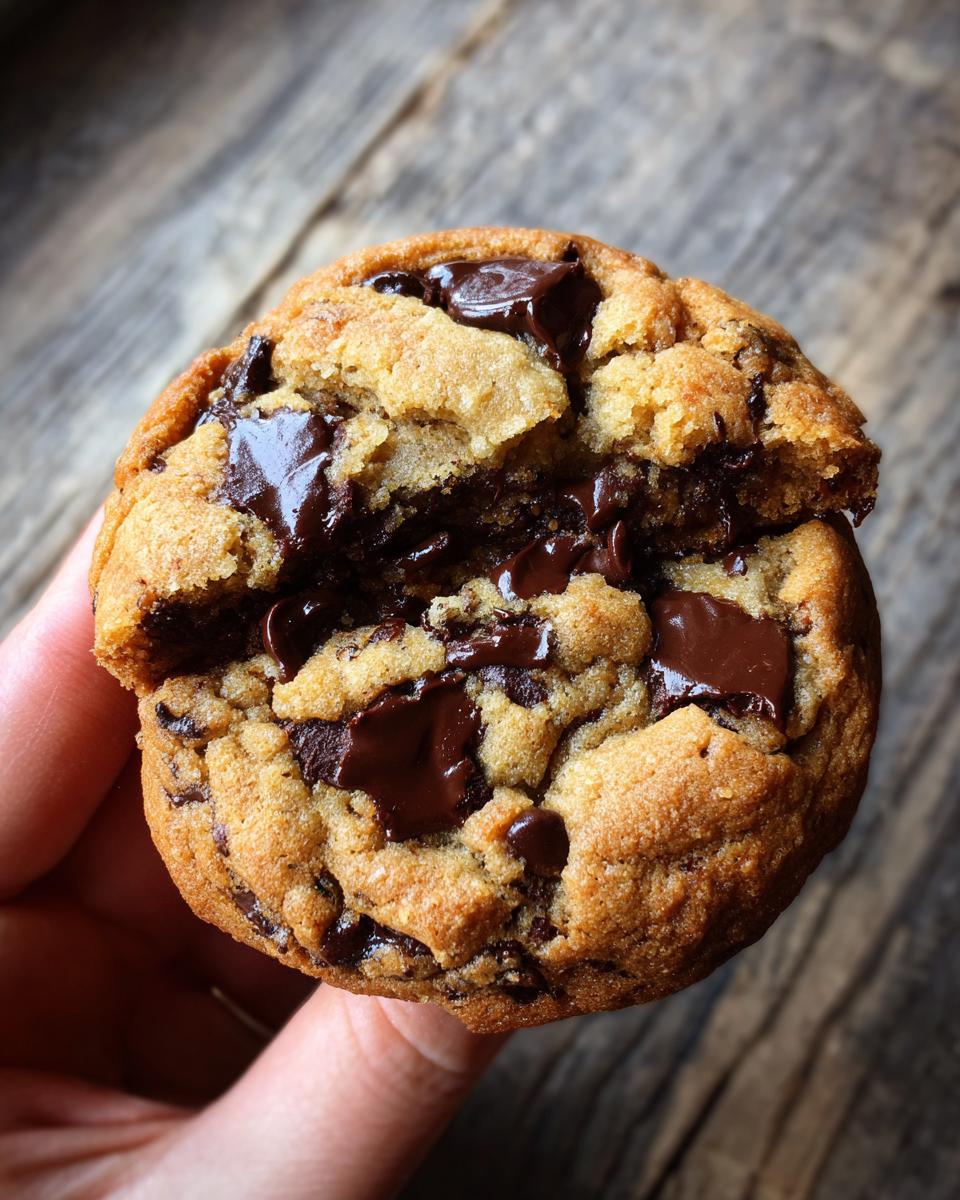 A warm Crumbl Chocolate Chip Cookie, broken in half to show the gooey chocolate inside.
