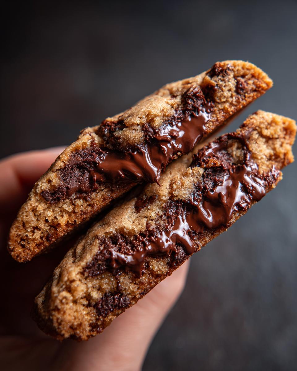 A halved Crumbl Chocolate Chip Cookie shows a gooey, melted chocolate center. Delicious!