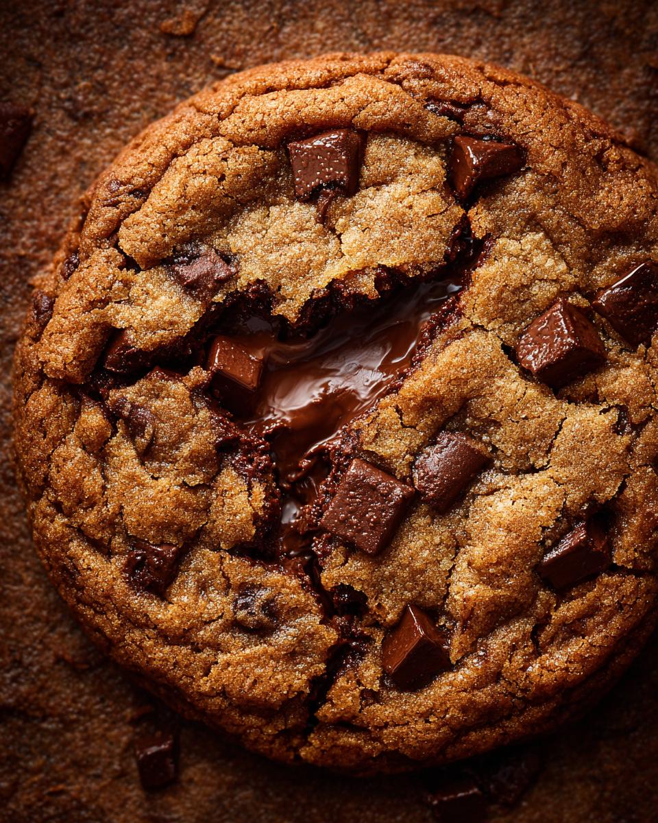 Close-up of a warm Crumbl Chocolate Chip Cookie with melted chocolate chunks and a gooey center.