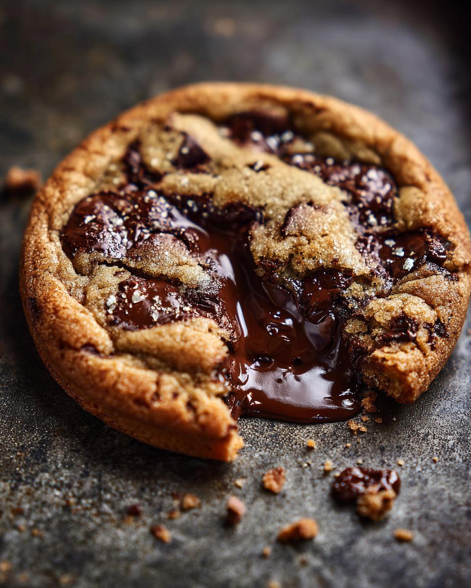 Close-up of a gooey Crumbl Chocolate Chip Cookie with melted chocolate oozing out, sprinkled with sea salt.