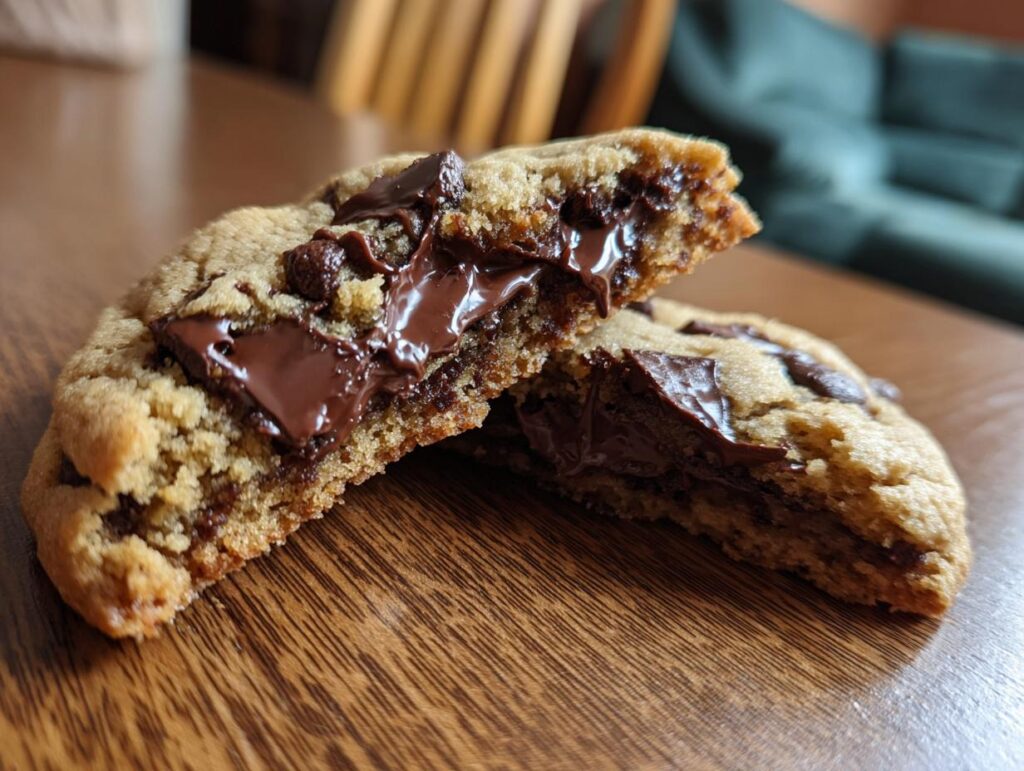 A halved Crumbl Chocolate Chip Cookie with melted chocolate on a wooden surface.