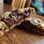 A halved Crumbl Chocolate Chip Cookie with melted chocolate on a wooden surface.