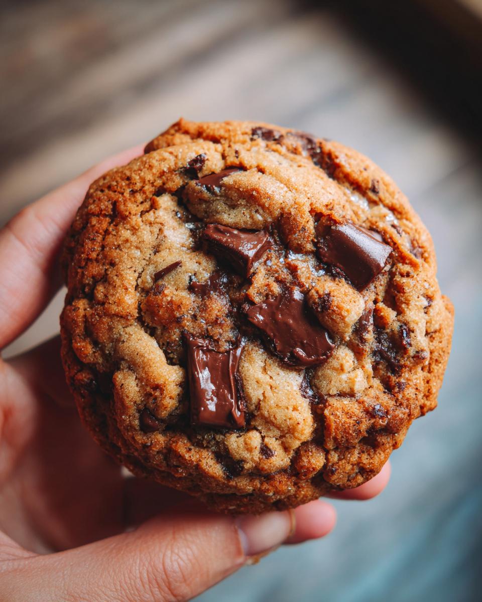 A large Crumbl Chocolate Chip Cookie held in a hand, showcasing its thick, soft texture and large chocolate chunks.