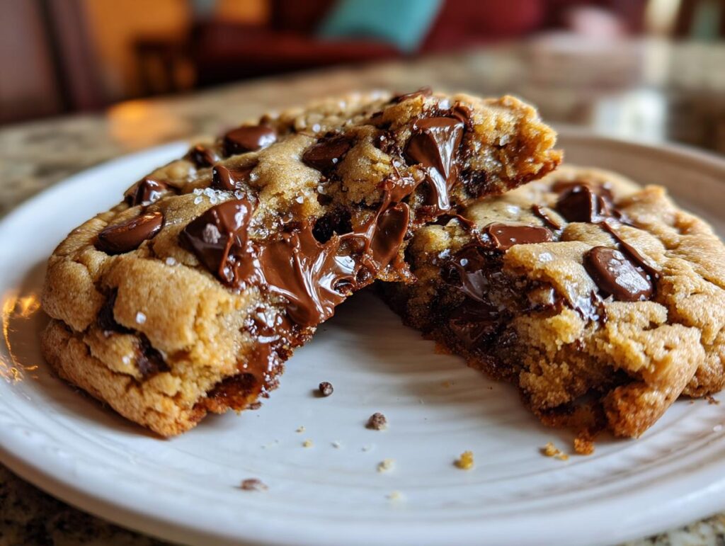 A Crumbl Chocolate Chip Cookie broken in half, revealing a gooey chocolate center and sprinkled with sea salt.