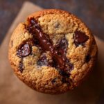 Overhead shot of a Crumbl Chocolate Chip Cookie with a molten chocolate center and visible chocolate chunks.