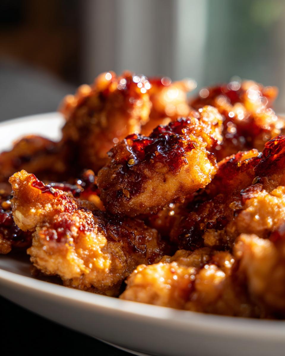 A close-up shows a plate of golden, crispy Crunchy Hot Honey Chicken pieces glistening with a spicy honey glaze.