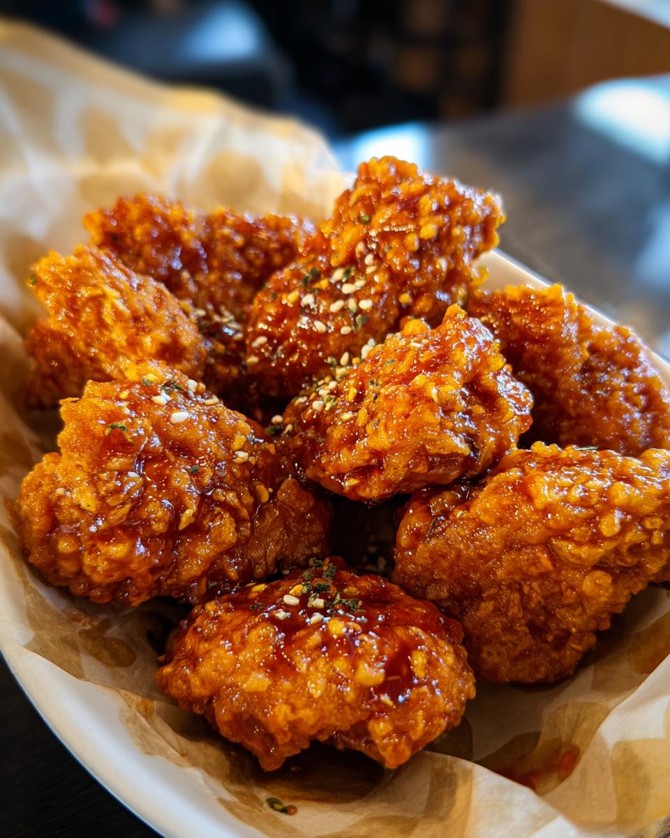 Close-up of Crunchy Hot Honey Chicken pieces glazed and sprinkled with sesame seeds, served on parchment paper.