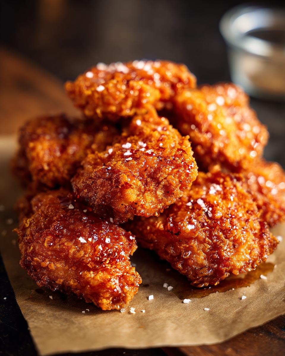 A stack of golden-brown Crunchy Hot Honey Chicken pieces, glistening with honey and sprinkled with salt.