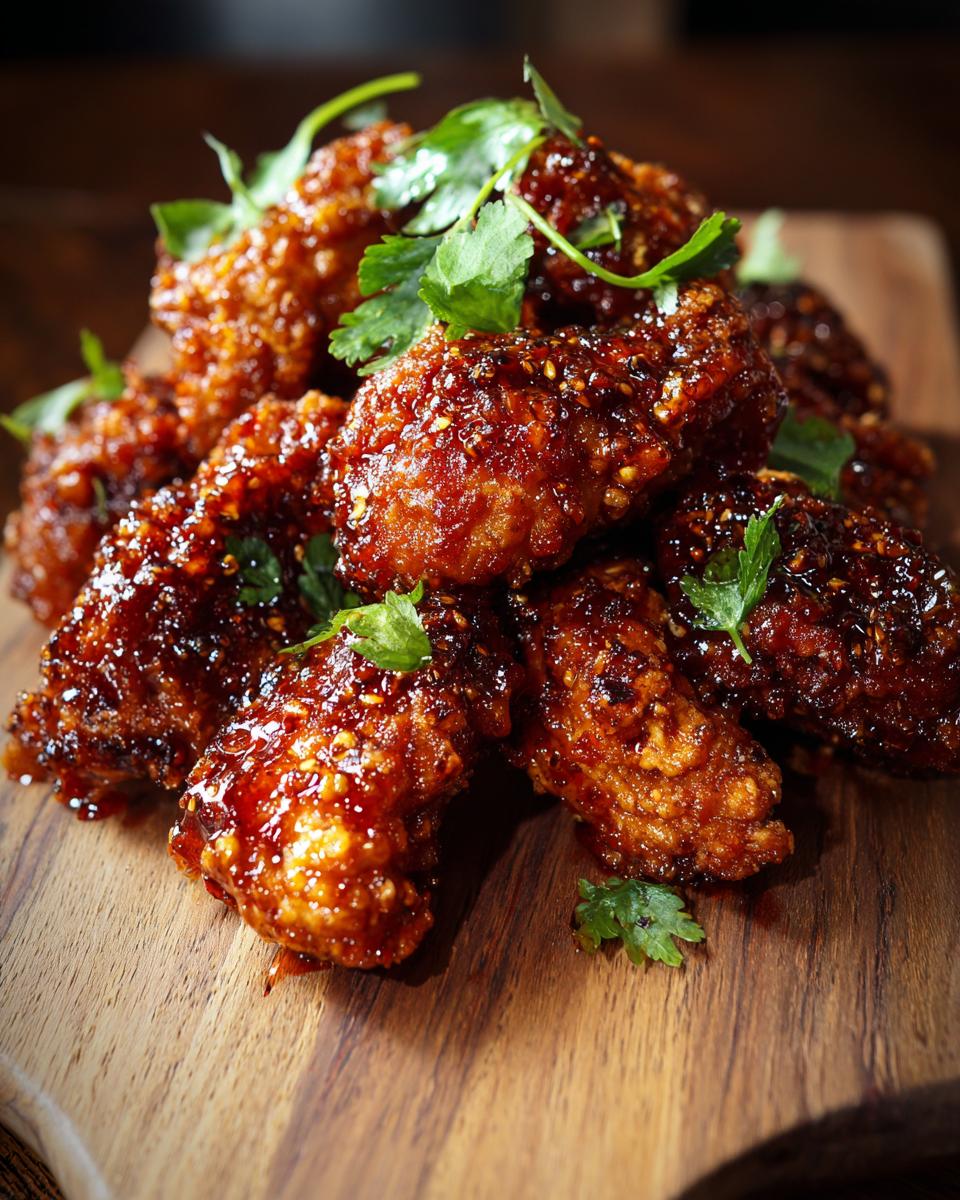Pile of Crunchy Hot Honey Chicken pieces on a wooden cutting board, garnished with parsley.