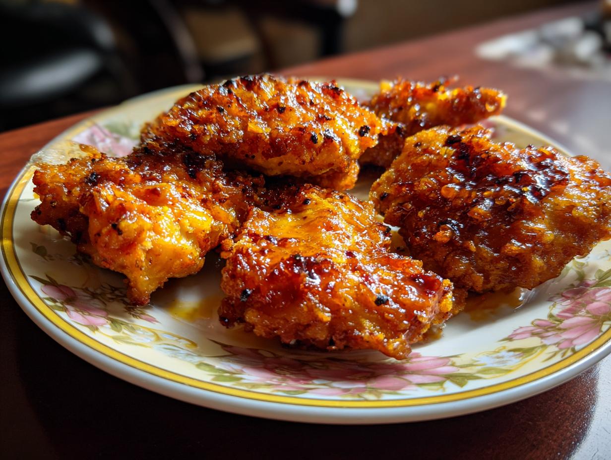 Close-up of Crunchy Hot Honey Chicken pieces on a floral patterned plate, showcasing the crispy texture and glaze.