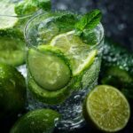 Close-up of a glass of Cucumber Mint Lemonade with cucumber slices, lemon, and mint garnish.