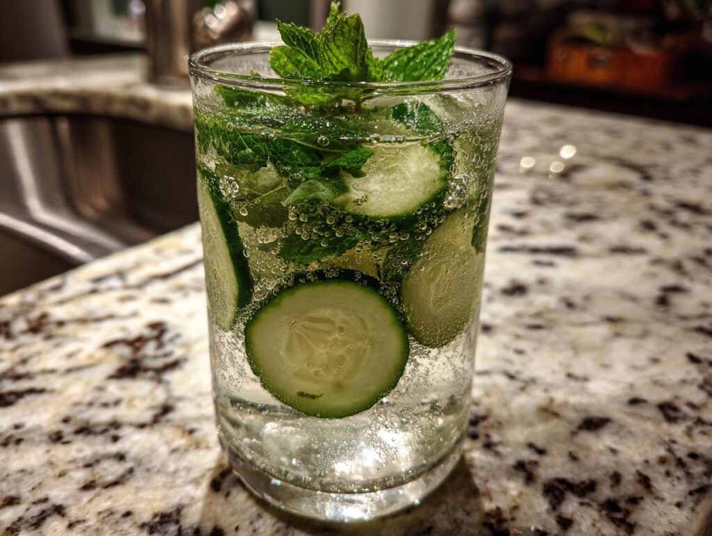A glass of Cucumber Mint Lemonade with cucumber slices and mint sprigs, showcasing its refreshing qualities.