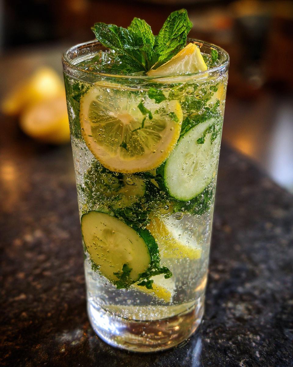 A glass of bubbly Cucumber Mint Lemonade with cucumber slices, lemon wedges, and fresh mint.