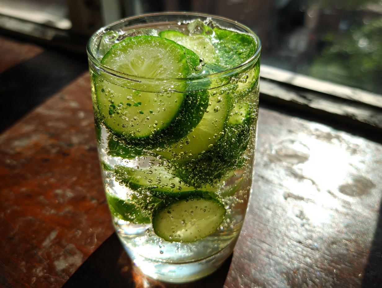 A glass of Cucumber Mint Lemonade with cucumber slices and mint leaves, showcasing its refreshing appeal.