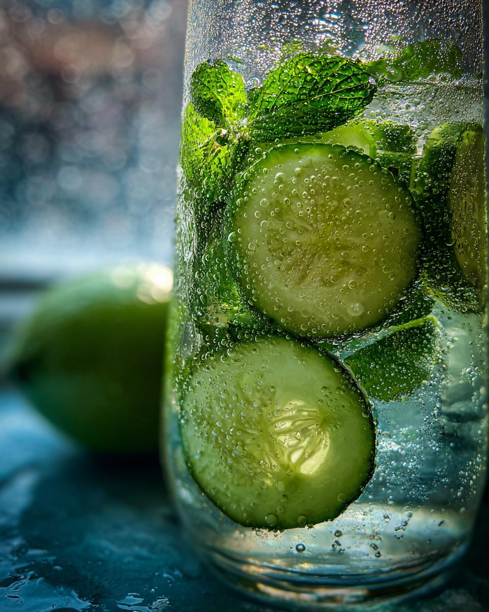 Close-up of Cucumber Mint Lemonade in a glass with cucumber slices and mint leaves.