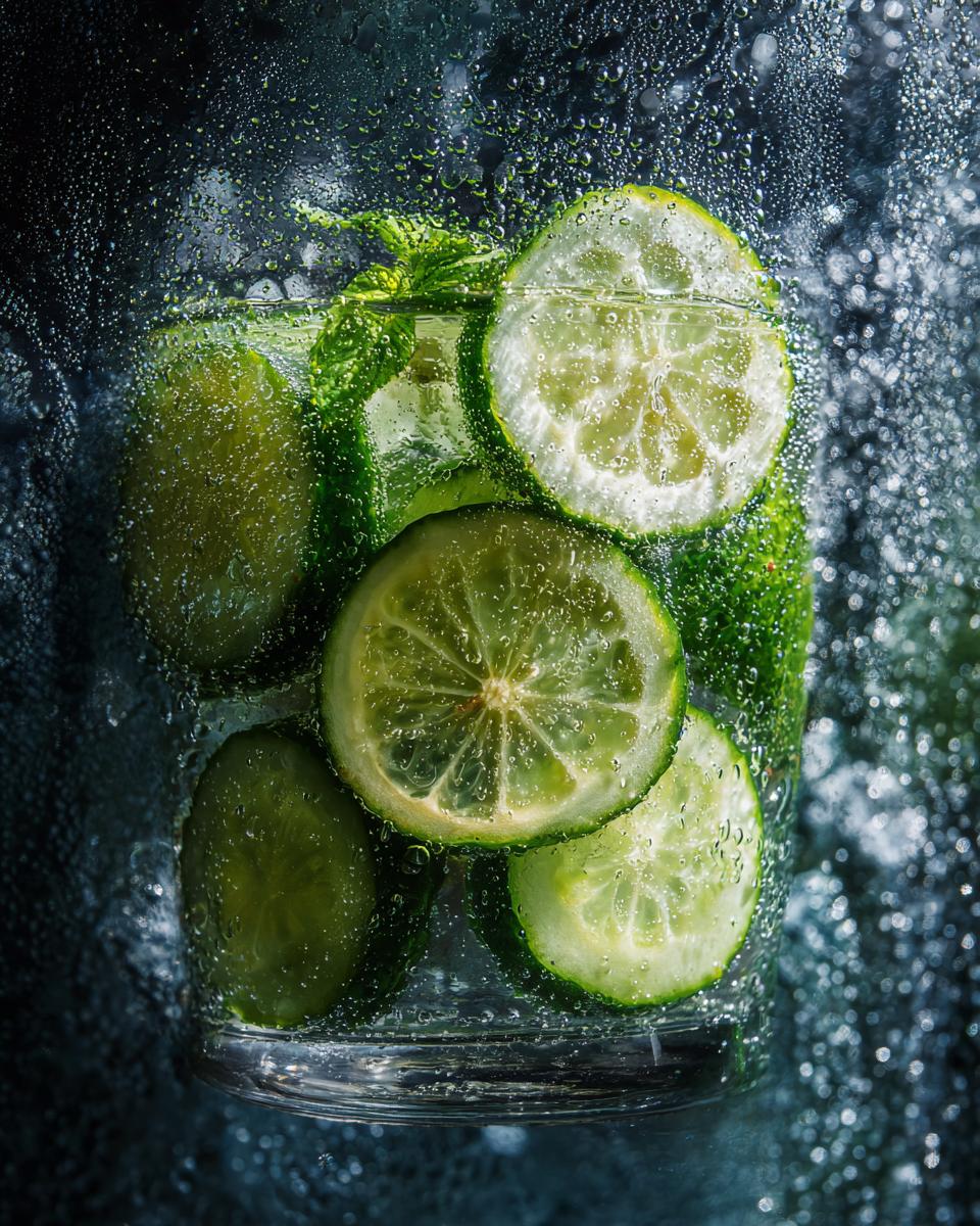 Close-up of a glass filled with Cucumber Mint Lemonade, featuring cucumber slices and mint.