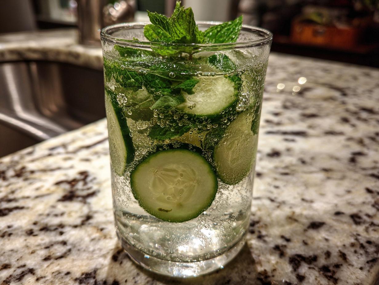 A glass of Cucumber Mint Lemonade with cucumber slices and mint sprigs, showcasing its refreshing qualities.