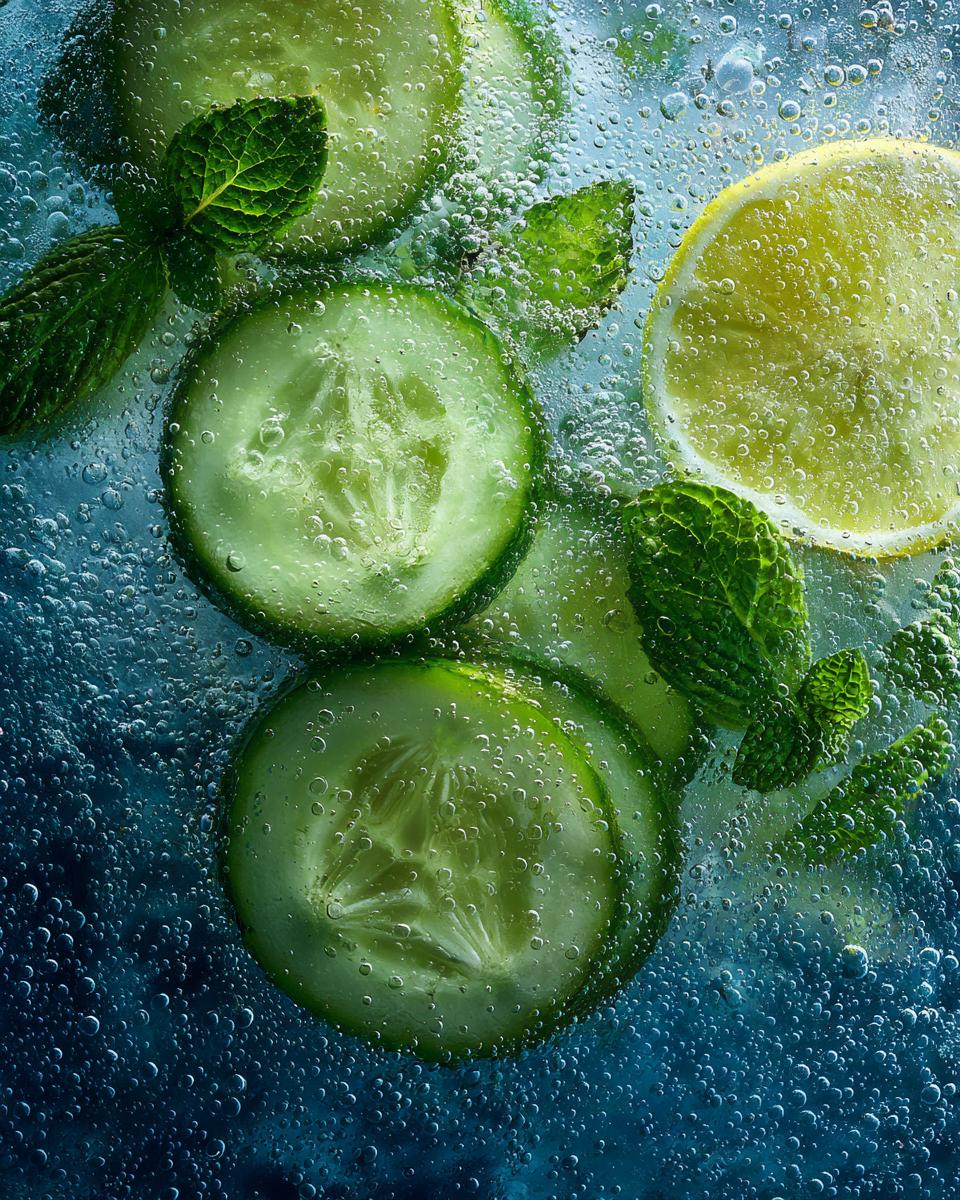 Close-up of cucumber, mint, and lemon slices in sparkling Cucumber Mint Lemonade.