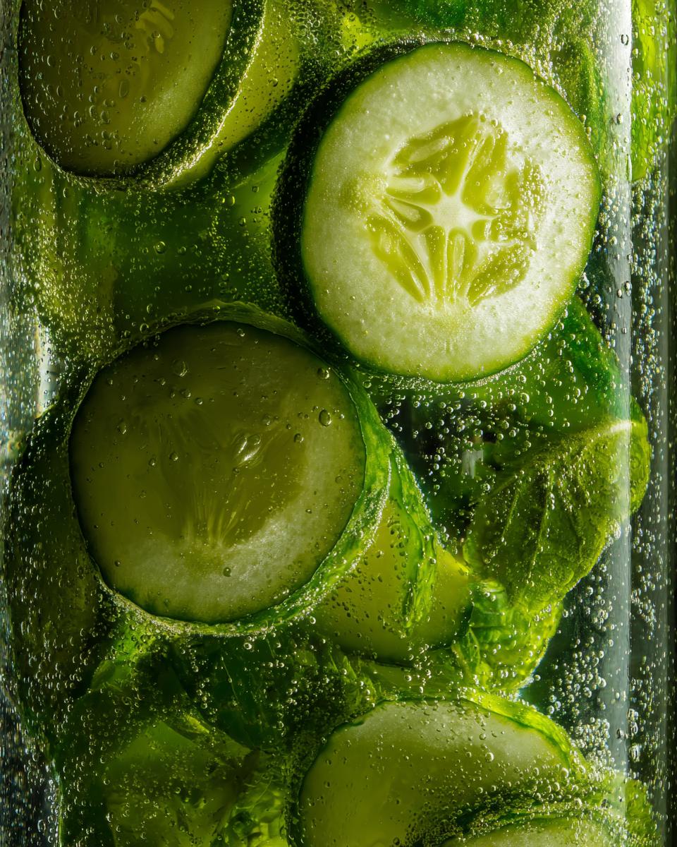 Close-up of cucumber slices and mint leaves in a glass of Cucumber Mint Lemonade, showing bubbles.