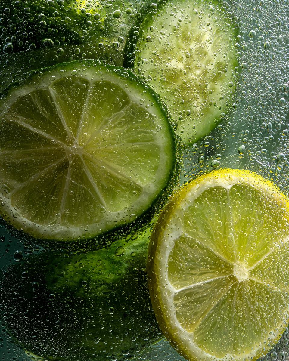 Close-up of cucumber and lemon slices in bubbly water, key ingredients for Cucumber Mint Lemonade.