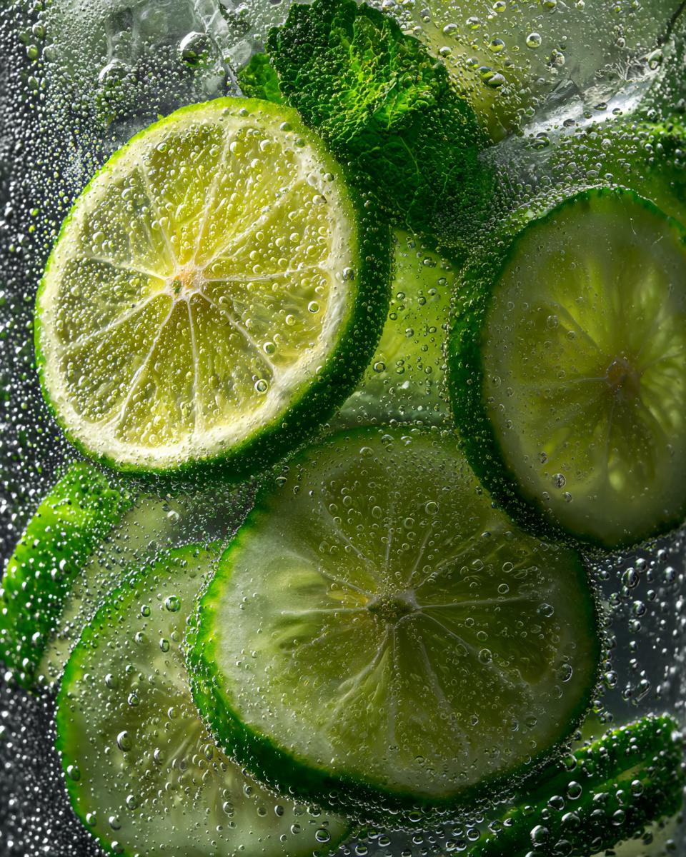 Close-up of cucumber and lime slices with mint in sparkling Cucumber Mint Lemonade.