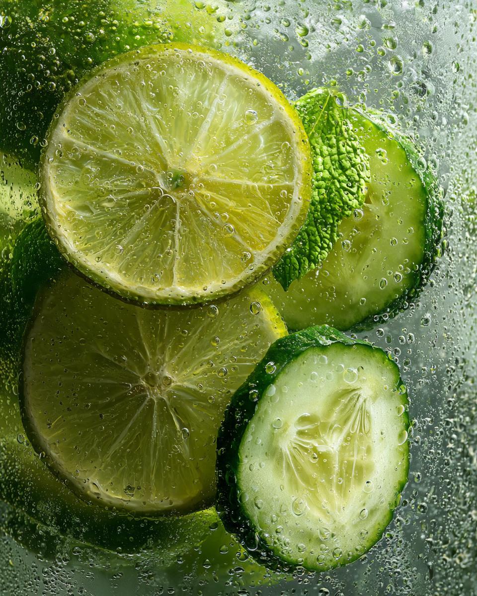 Close-up of lime, cucumber, and mint for Cucumber Mint Lemonade, covered in condensation.