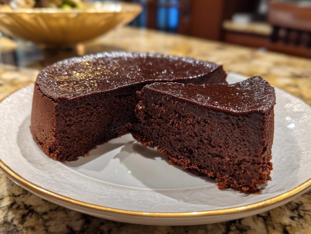 A sliced Decadent Flourless Chocolate Torte on a white plate, showcasing its rich, dark chocolate color and texture.