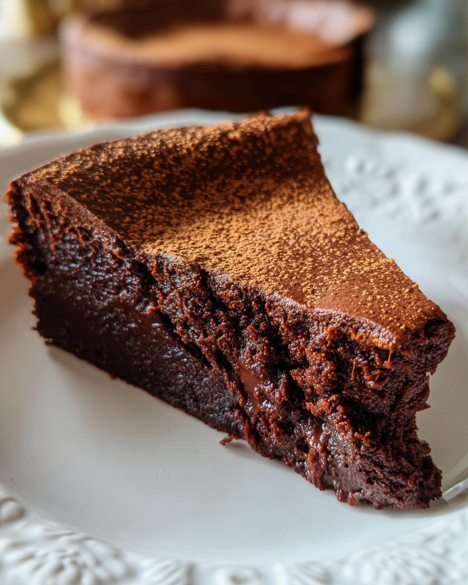 A slice of decadent flourless chocolate torte, dusted with cocoa powder, on a white plate.