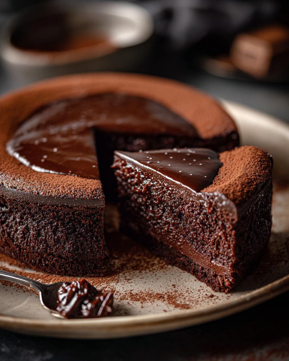A slice of Decadent Flourless Chocolate Torte is removed from the cake, dusted with cocoa powder.