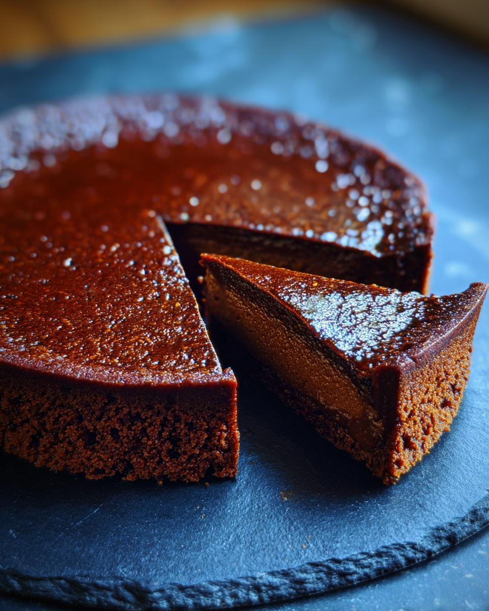 A delicious Decadent Flourless Chocolate Torte with a slice cut out, showcasing its rich, moist texture.