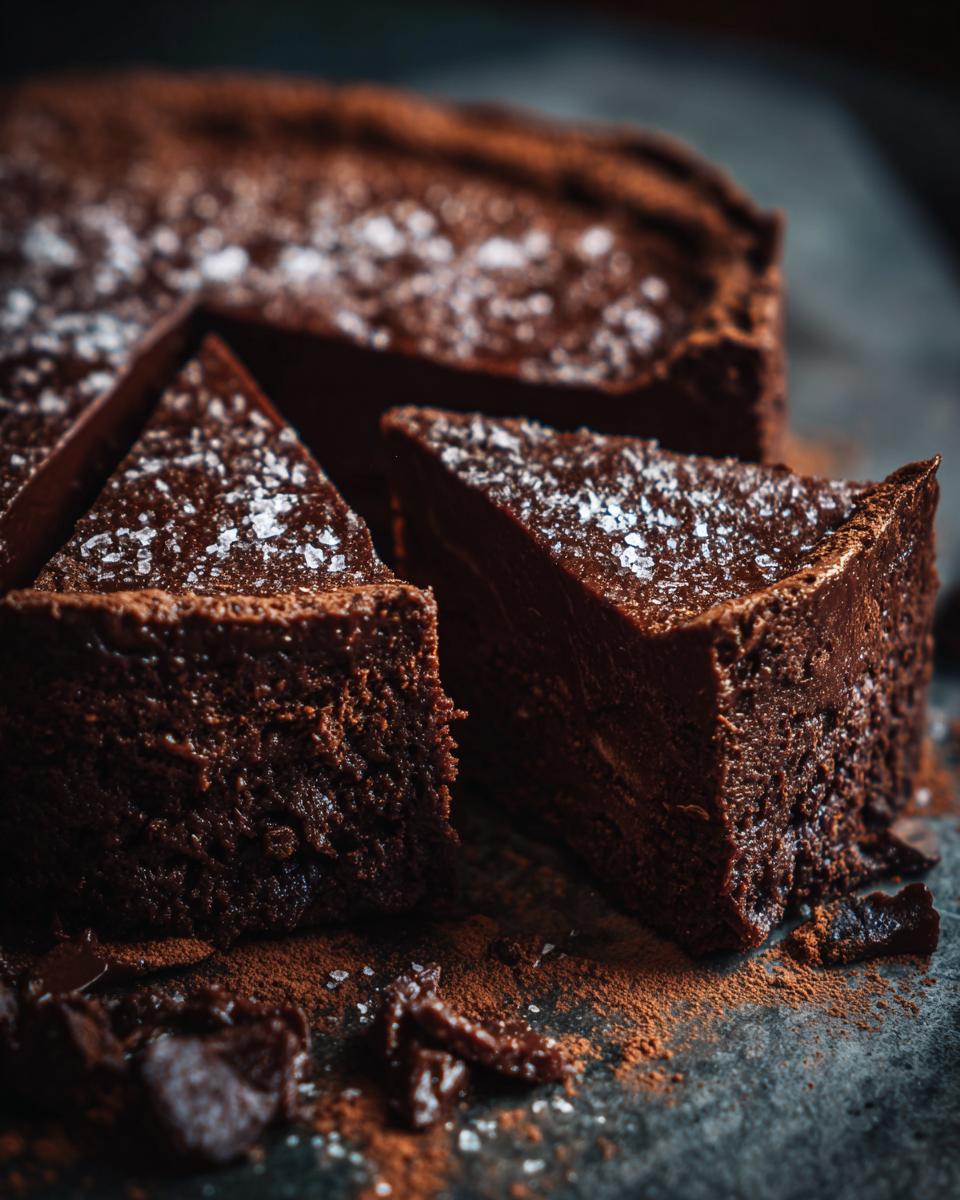 Two slices of decadent flourless chocolate torte, dusted with cocoa powder and sea salt flakes.
