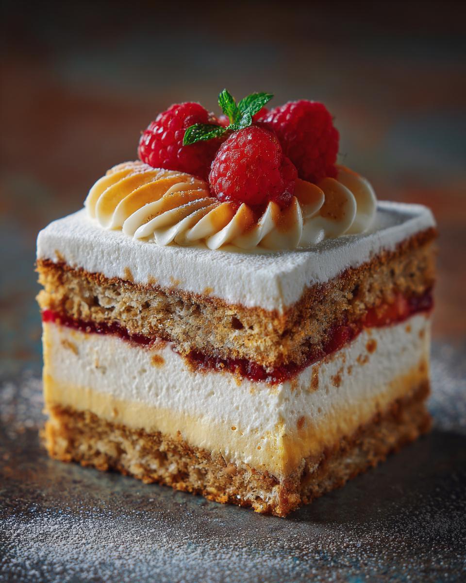 A slice of Decadent Italian Love Cake topped with fresh raspberries and mint, showcasing the cake's layers.