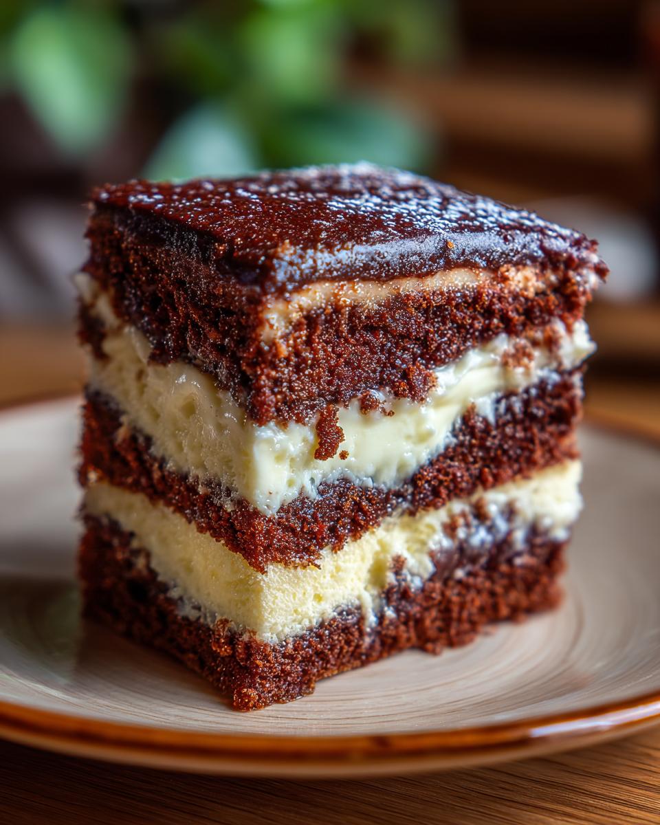 A slice of Decadent Italian Love Cake with chocolate cake layers and a creamy filling, topped with ganache.