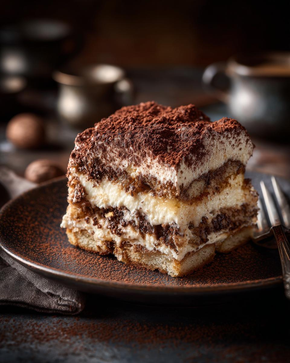 A slice of Decadent Italian Love Cake on a plate, showcasing its layers of cream, ladyfingers, and cocoa powder.