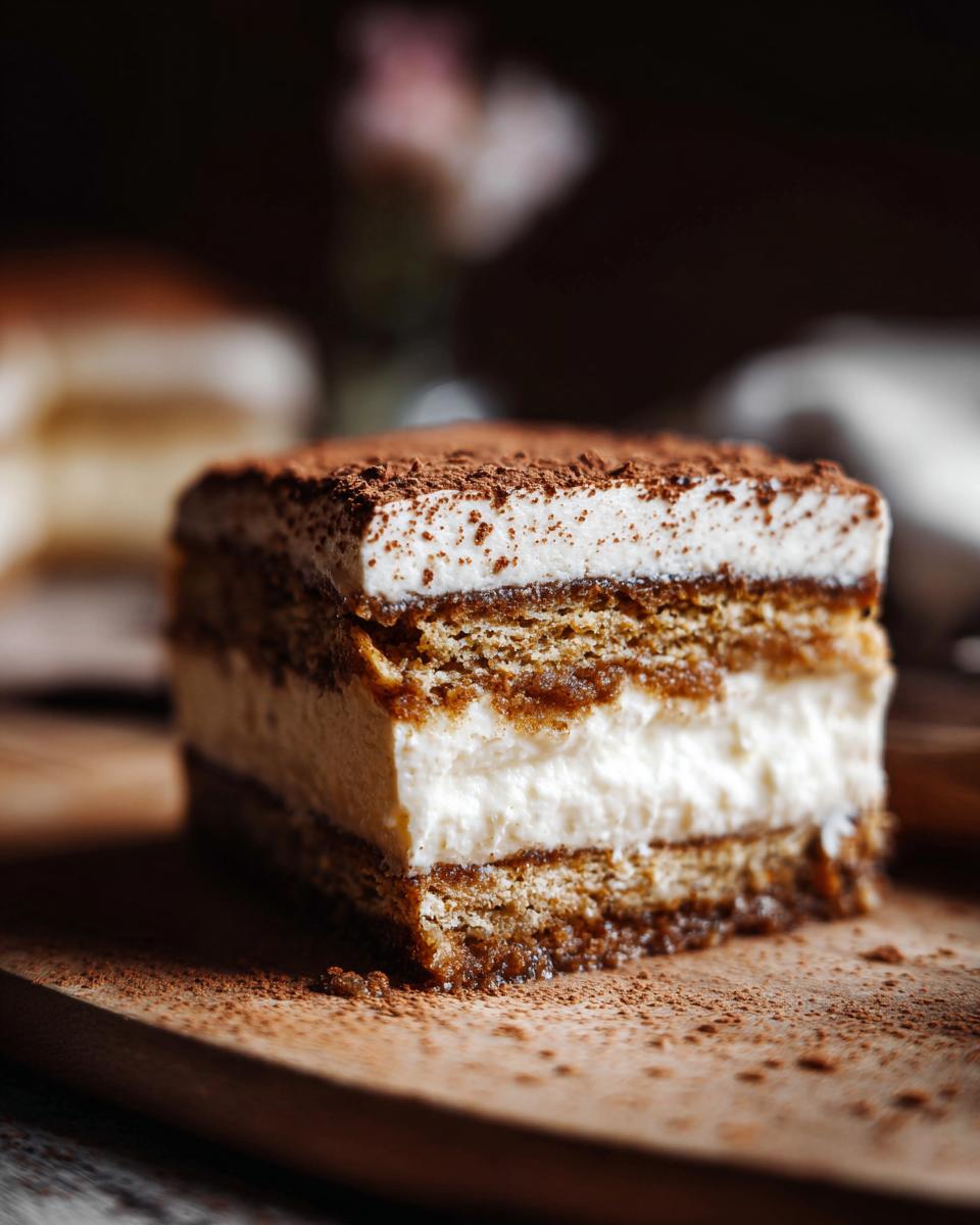 A single slice of Decadent Italian Love Cake, showcasing its layers of cake, cream, and cocoa powder dusting.