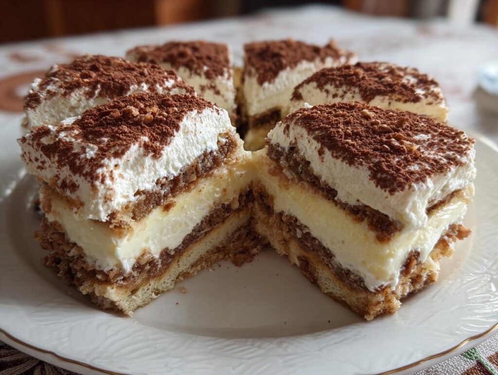 Slices of Decadent Italian Love Cake with layers of cake, custard, whipped cream, and cocoa powder on a white plate.