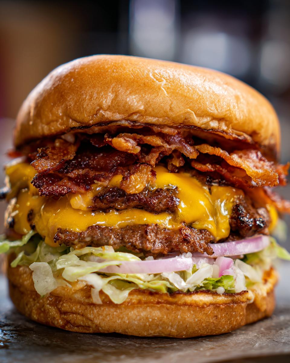 A delicious double Smash Burger with melted cheese, crispy bacon, lettuce, and red onions on a toasted bun.