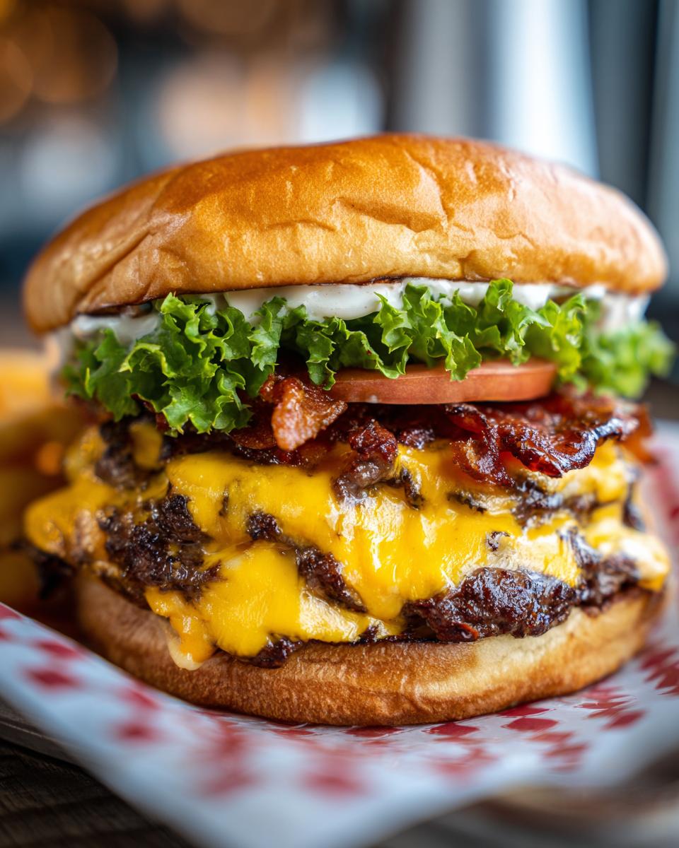 A mouthwatering double Smash Burger featuring melted cheese, crispy bacon, lettuce, and tomato on a toasted bun.