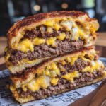 A double smash burger cut in half, showcasing the beef patties, melted cheese, and toasted bun.