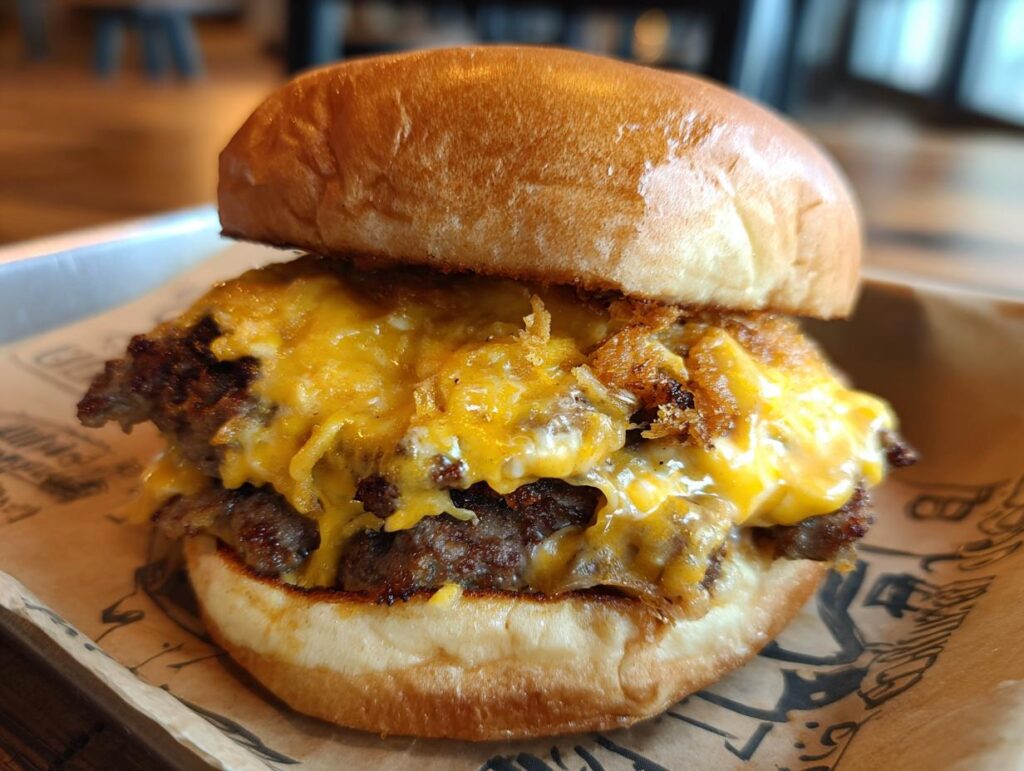 A double smash burger with melted cheese and crispy toppings, served on a toasted bun. The Smash Burger.