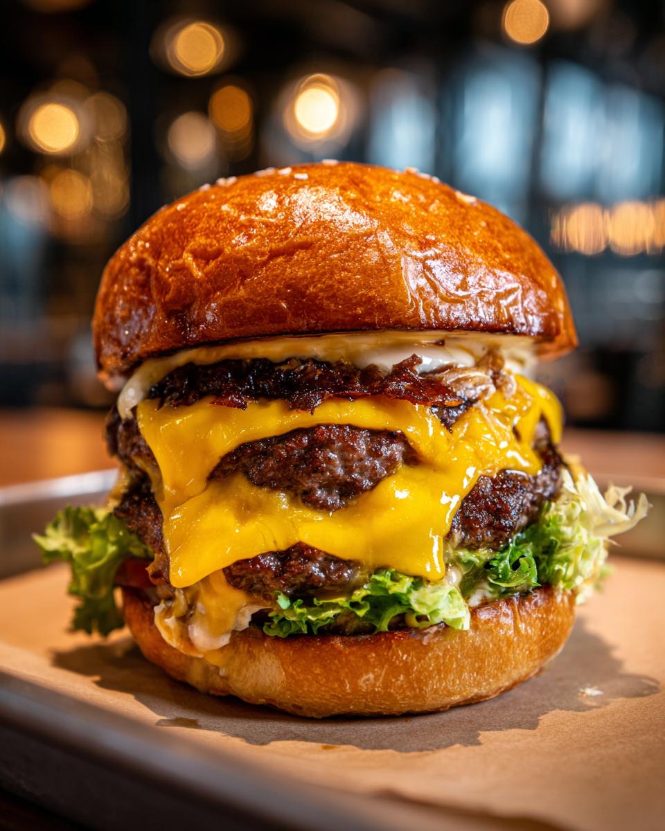 A delicious double cheeseburger, also known as The Smash Burger, with melted cheese, lettuce, and a toasted bun.