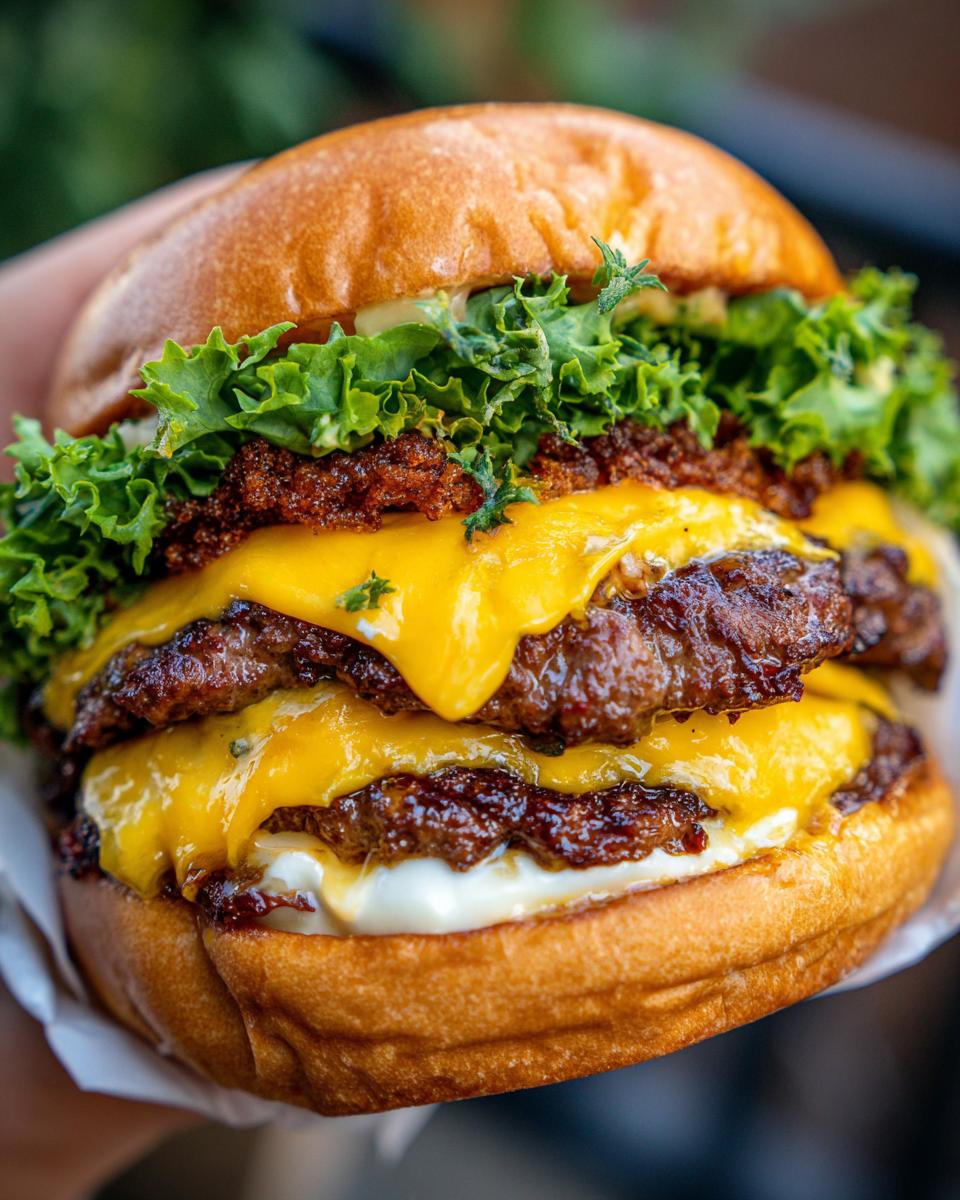 Close-up of a double cheeseburger Smash Burger with lettuce, crispy edges, and melted cheese.