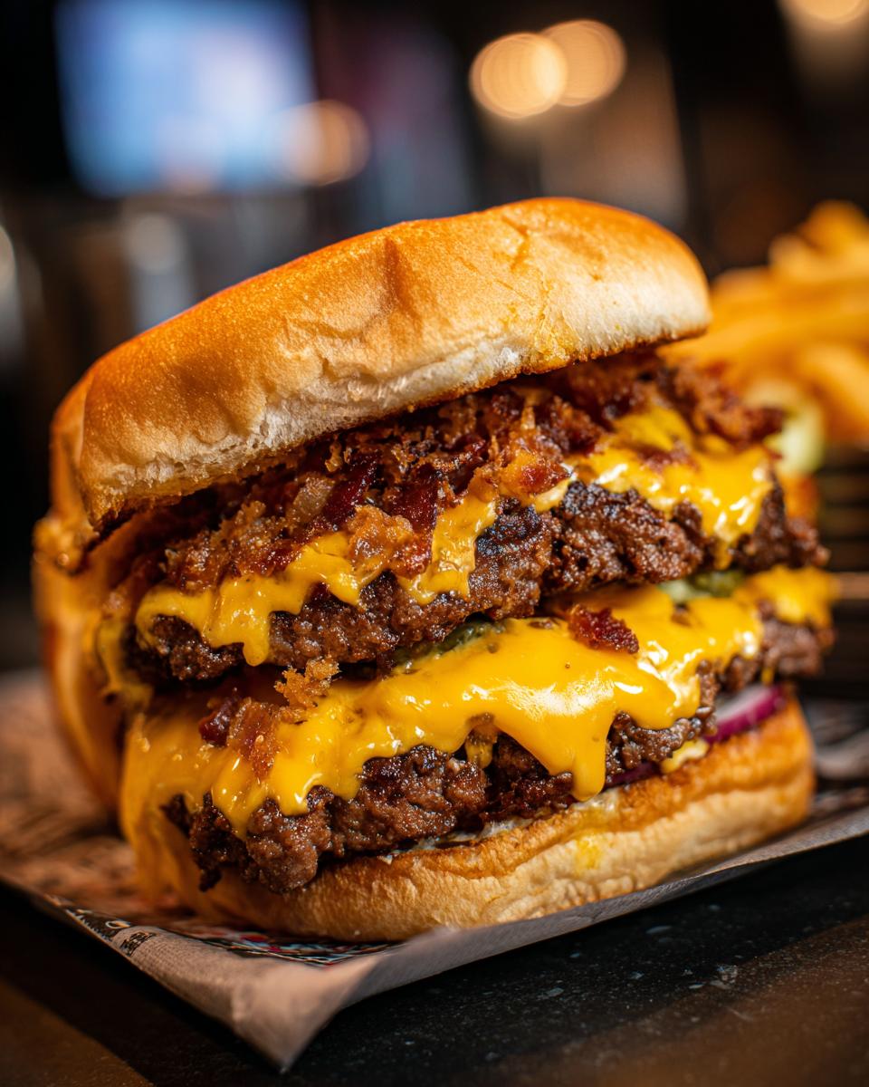 A delicious double stack The Smash Burger with melted cheese, bacon, and toppings on a toasted bun.