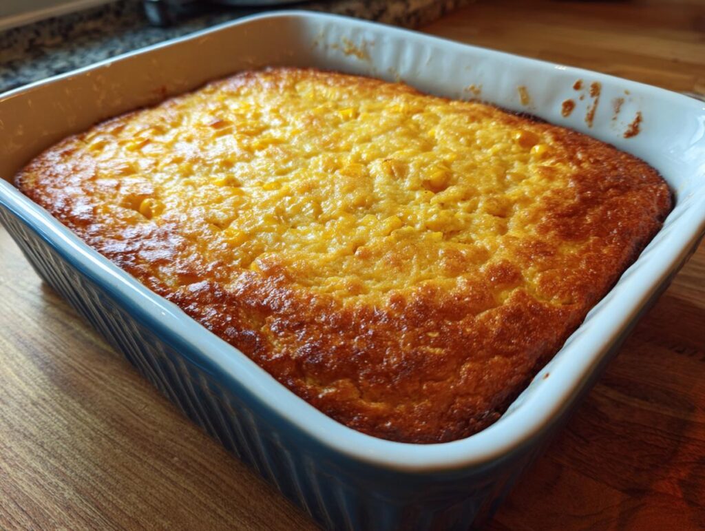 Baked Dump and Bake Jiffy Corn Casserole in a blue baking dish, golden brown and ready to serve.