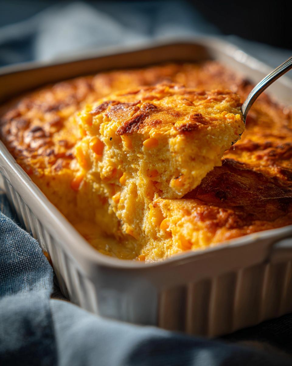 Spoon lifting a slice of golden Dump and Bake Jiffy Corn Casserole from a baking dish.