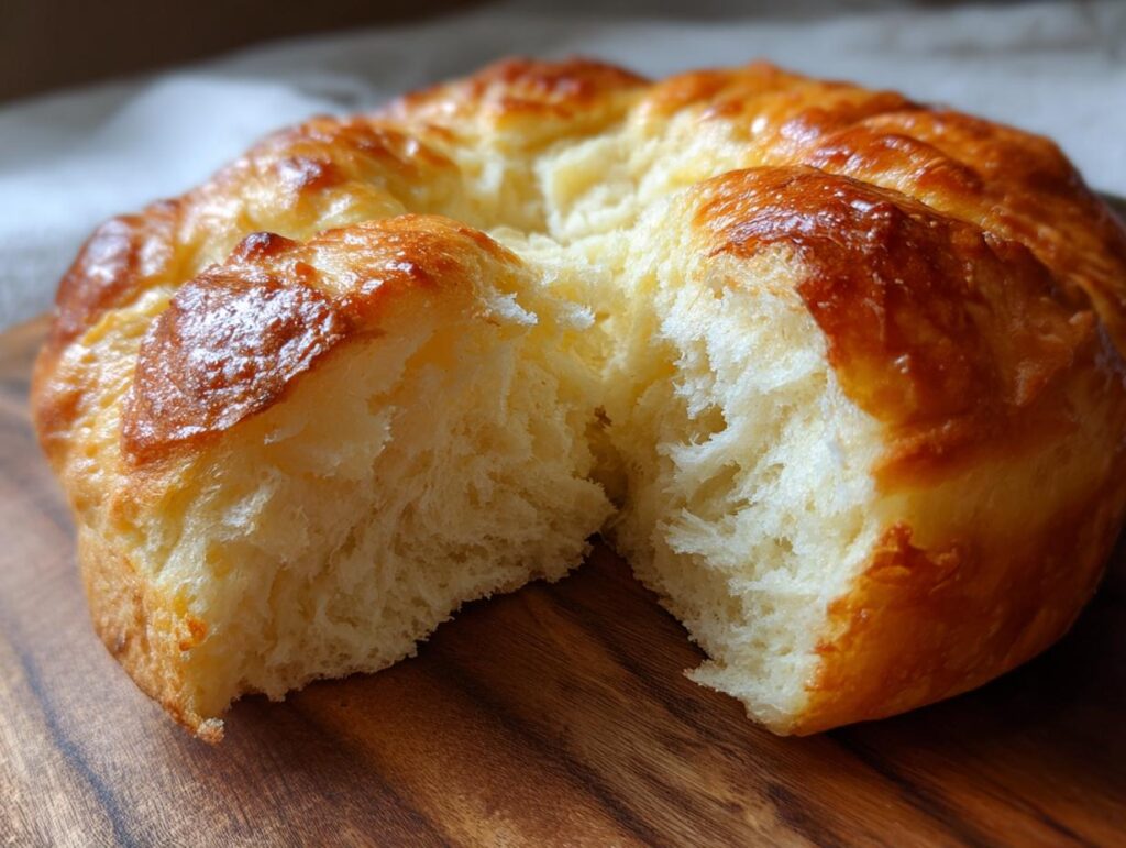 Close-up of Easiest Homemade Fluffy Bread with a golden crust, showing the soft, airy interior.